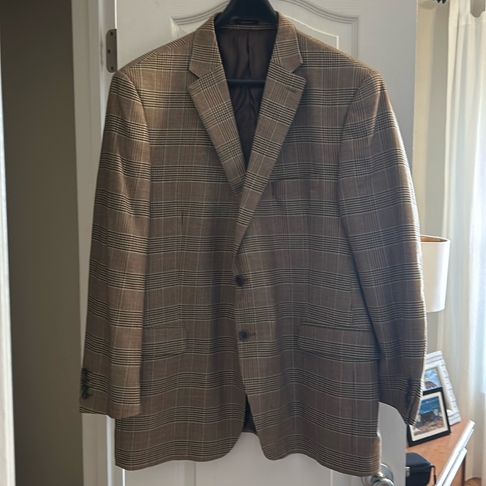 Peter Millar 97% wool, 3% cashmere plaid cream, brown, red blazer.